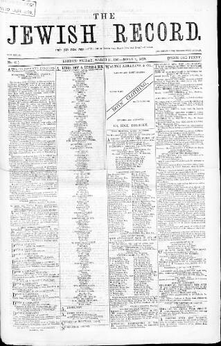 cover page of Jewish Record published on March 19, 1869