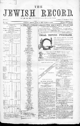 cover page of Jewish Record published on June 18, 1869