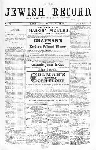 cover page of Jewish Record published on May 5, 1871