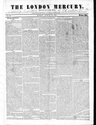 cover page of London Mercury 1836 published on August 13, 1837