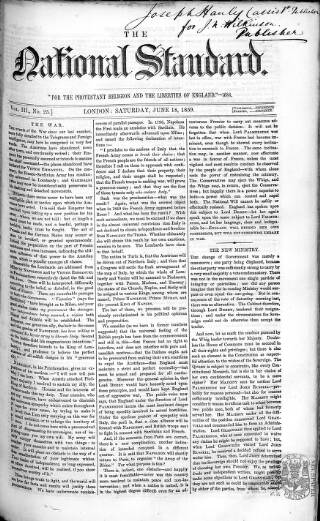 cover page of National Standard published on June 18, 1859