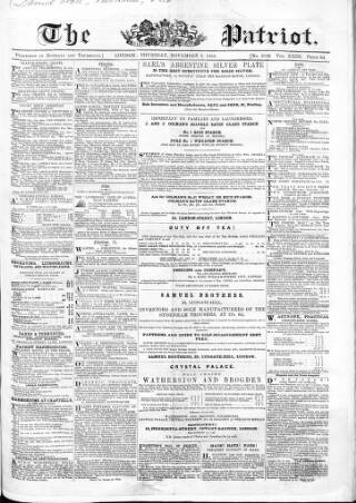 cover page of Patriot published on November 2, 1854