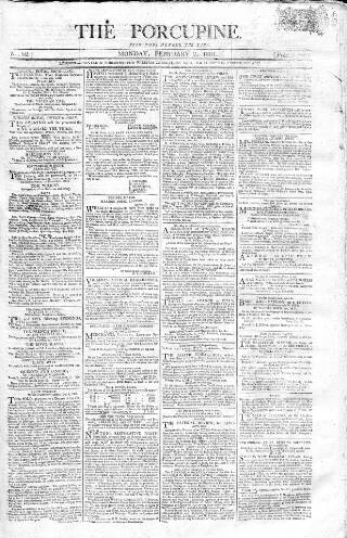 cover page of Porcupine published on February 2, 1801