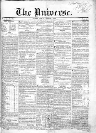 cover page of Universe published on August 4, 1848