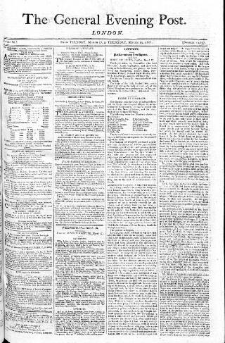 cover page of General Evening Post published on March 19, 1807