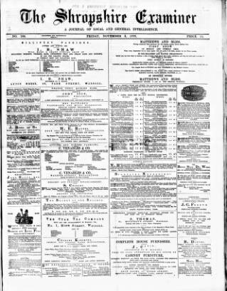 cover page of Shropshire Examiner published on November 3, 1876