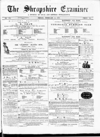 cover page of Shropshire Examiner published on February 2, 1877