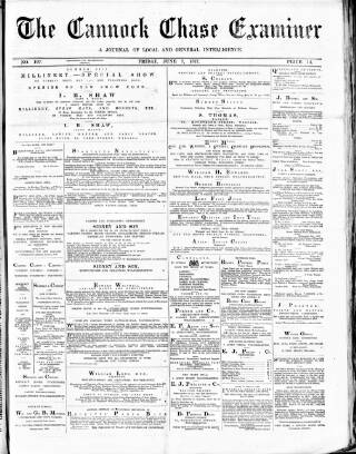 cover page of Cannock Chase Examiner published on June 8, 1877