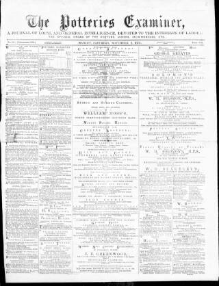 cover page of Potteries Examiner published on November 2, 1872
