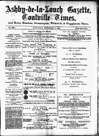 cover page of Ashby-de-la-Zouch Gazette published on February 2, 1884