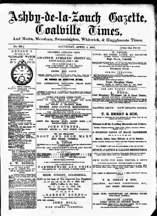 cover page of Ashby-de-la-Zouch Gazette published on April 4, 1885