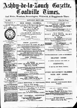 cover page of Ashby-de-la-Zouch Gazette published on May 2, 1885