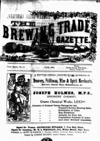 cover page of Holmes' Brewing Trade Gazette published on June 1, 1882