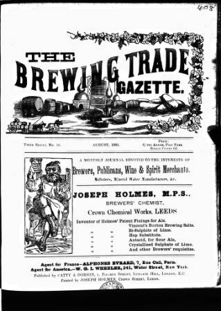 cover page of Holmes' Brewing Trade Gazette published on August 1, 1882