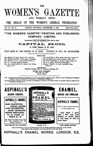 cover page of Women's Gazette & Weekly News published on September 7, 1889