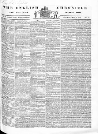 cover page of English Chronicle and Whitehall Evening Post published on June 18, 1842