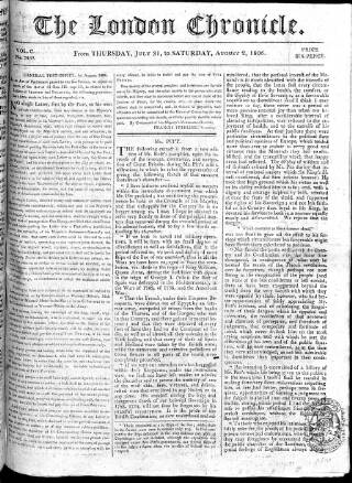 cover page of London Chronicle published on August 2, 1806