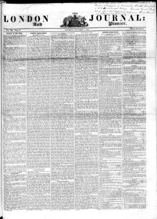 cover page of London Journal and Pioneer Newspaper published on November 1, 1845