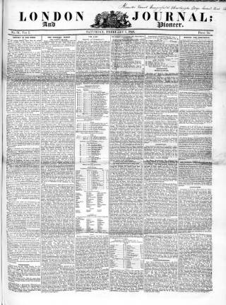 cover page of London Journal and Pioneer Newspaper published on February 7, 1846