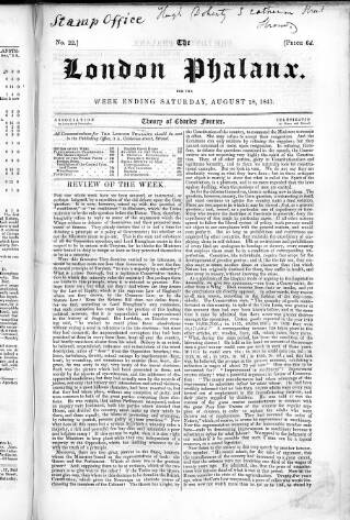cover page of London Phalanx published on August 28, 1841