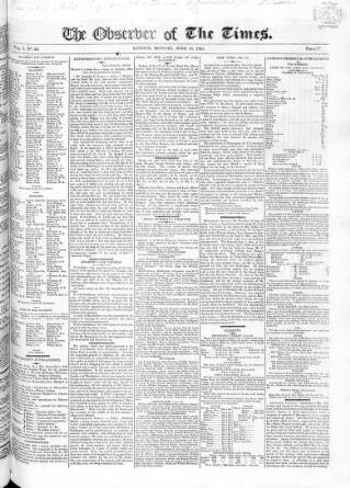 cover page of Observer of the Times published on June 18, 1821