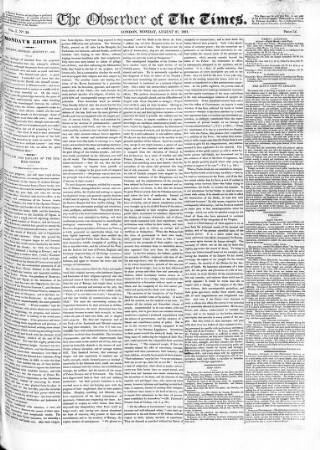 cover page of Observer of the Times published on August 27, 1821