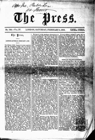 cover page of Press (London) published on February 2, 1856