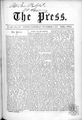 cover page of Press (London) published on November 2, 1861