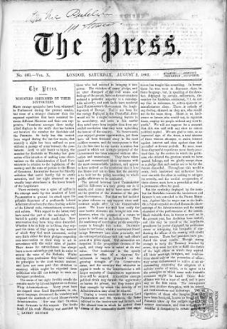 cover page of Press (London) published on August 2, 1862