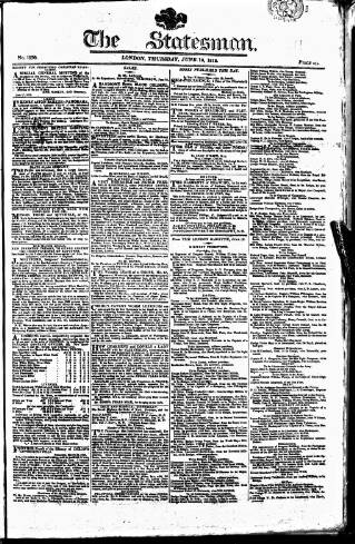cover page of Statesman (London) published on June 18, 1812