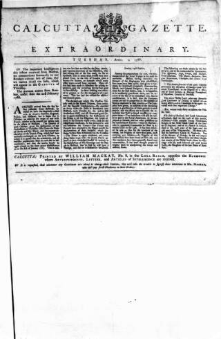 cover page of Calcutta Gazette published on April 1, 1788