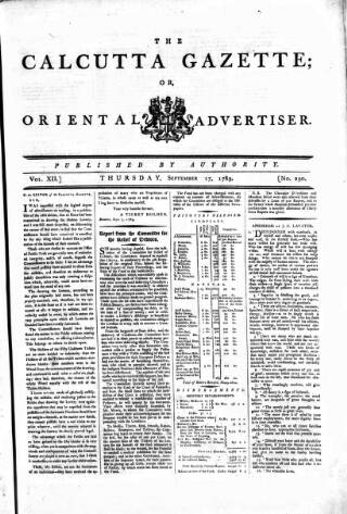 cover page of Calcutta Gazette published on September 17, 1789