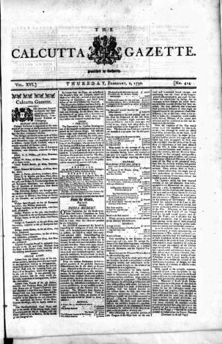 cover page of Calcutta Gazette published on February 2, 1792