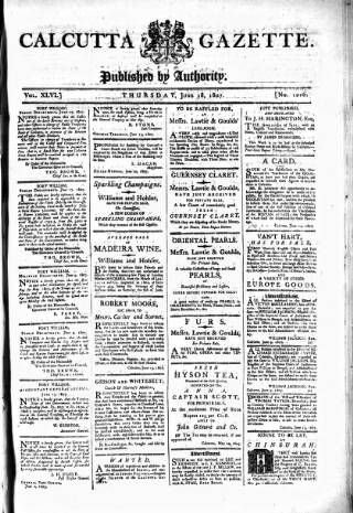 cover page of Calcutta Gazette published on June 18, 1807