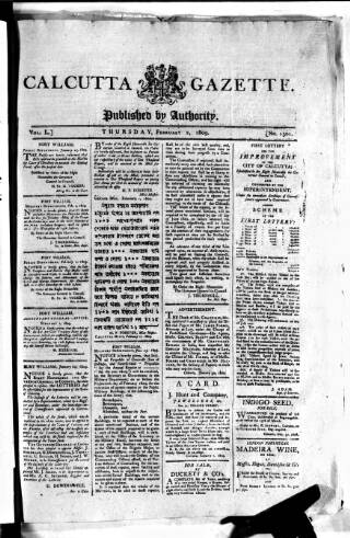 cover page of Calcutta Gazette published on February 2, 1809