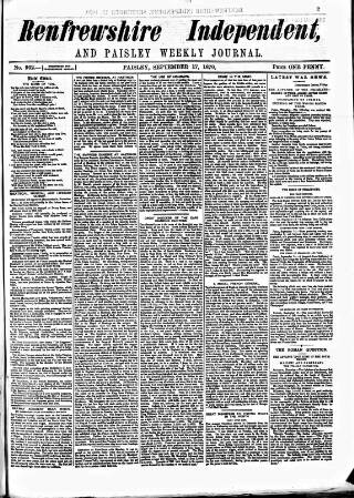 cover page of Renfrewshire Independent published on September 17, 1870