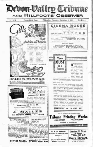 cover page of Devon Valley Tribune published on November 2, 1937