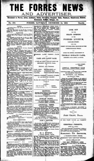 cover page of Forres News and Advertiser published on December 14, 1912