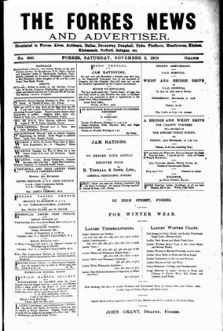 cover page of Forres News and Advertiser published on November 2, 1918