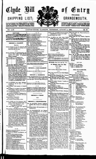cover page of Clyde Bill of Entry and Shipping List published on August 2, 1894