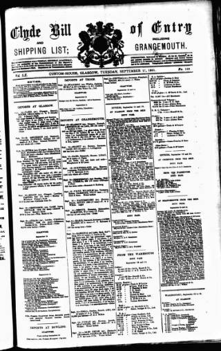 cover page of Clyde Bill of Entry and Shipping List published on September 17, 1901