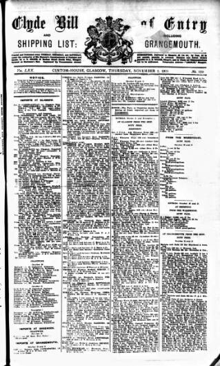 cover page of Clyde Bill of Entry and Shipping List published on November 2, 1911