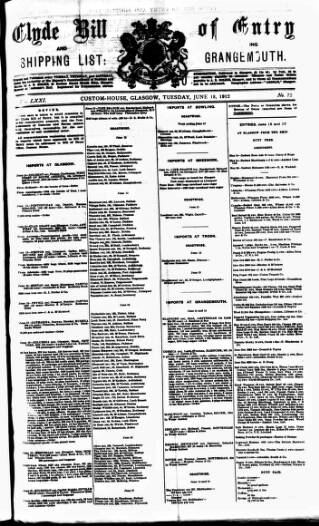 cover page of Clyde Bill of Entry and Shipping List published on June 18, 1912
