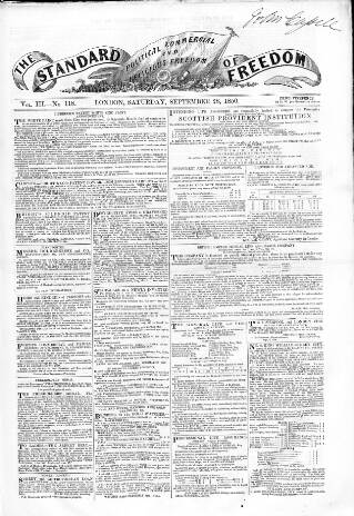 cover page of Standard of Freedom published on September 28, 1850