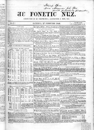 cover page of Fonetic Nuz published on February 17, 1849
