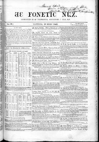 cover page of Fonetic Nuz published on March 10, 1849
