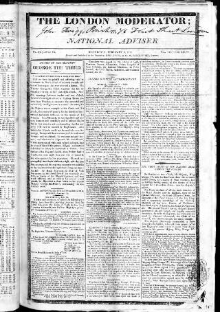 cover page of London Moderator and National Adviser published on February 2, 1820