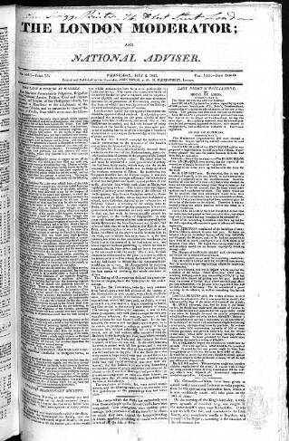 cover page of London Moderator and National Adviser published on May 2, 1821