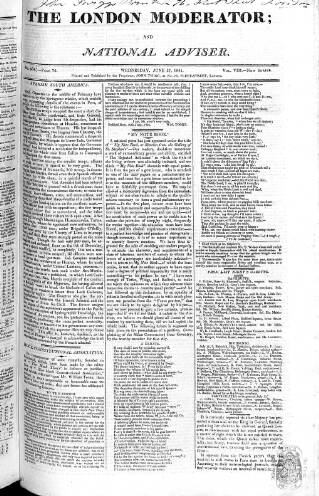 cover page of London Moderator and National Adviser published on June 27, 1821