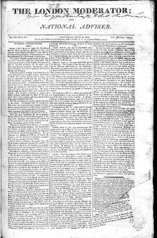 cover page of London Moderator and National Adviser published on June 26, 1822